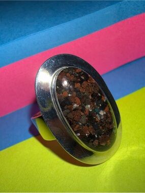 925 Silver Silver Oval Ring w/Brown, Red, Black, Speckled Stone by Dune Jewelry